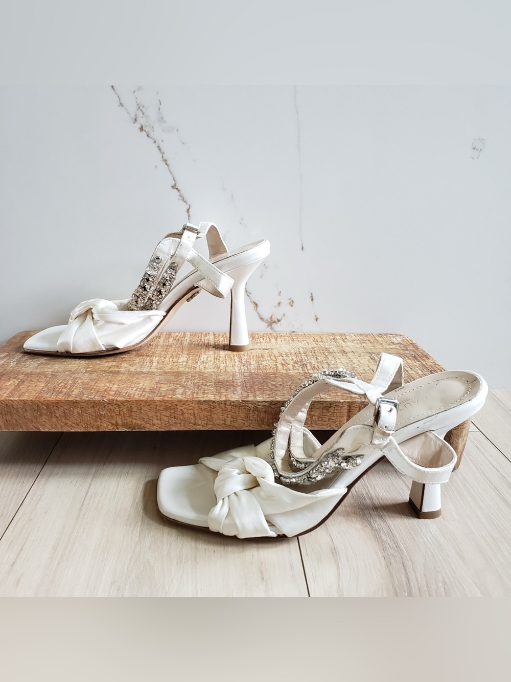 Beautiisoles Callie Sandal White Satin Knot‎ Front Crystal-Trim Slingback Heels